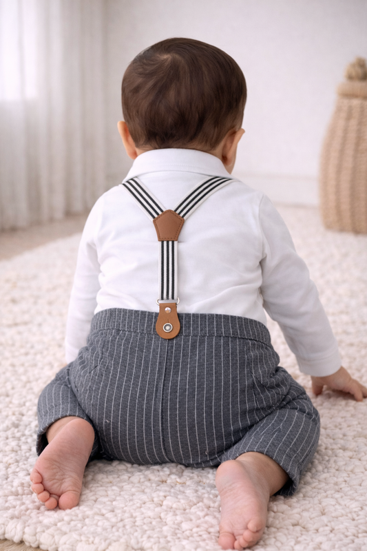 Infant Boys’ Shirt, Bow Tie & Suspenders Mock Romper 3 Pc Set
