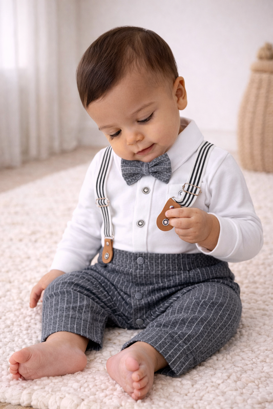 Infant Boys’ Shirt, Bow Tie & Suspenders Mock Romper 3 Pc Set