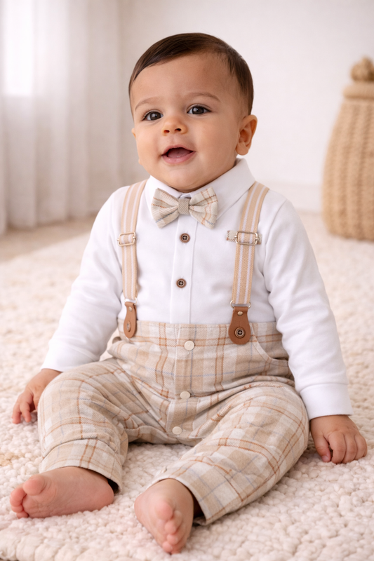 Infant Boys’ Shirt, Bow Tie & Suspenders Mock Romper Set