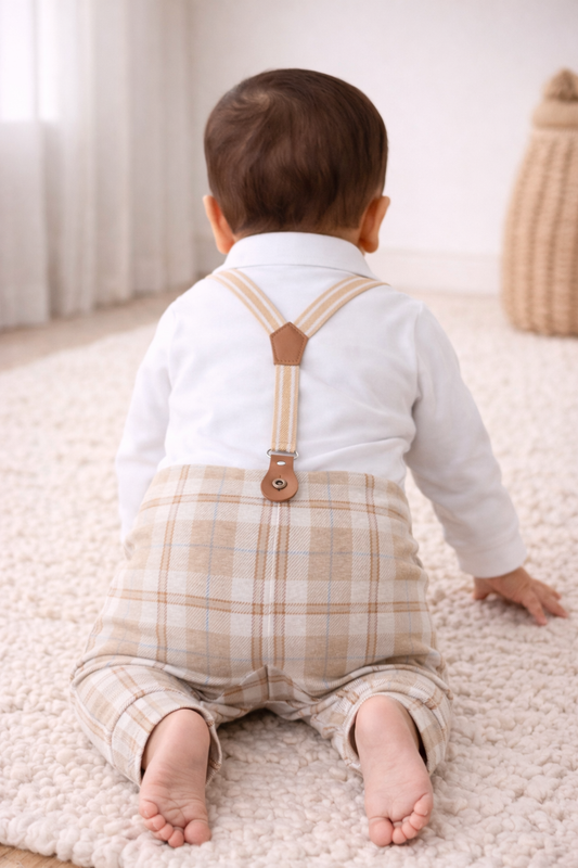 Infant Boys’ Shirt, Bow Tie & Suspenders Mock Romper Set