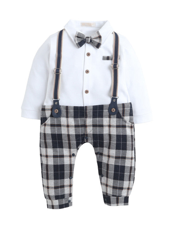 Infant Boys’ Shirt, Bow Tie & Suspenders Mock Romper 3 Pc Set (Checked)