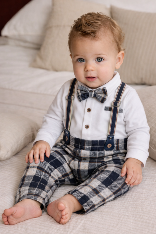 Infant Boys’ Shirt, Bow Tie & Suspenders Mock Romper 3 Pc Set (Checked)