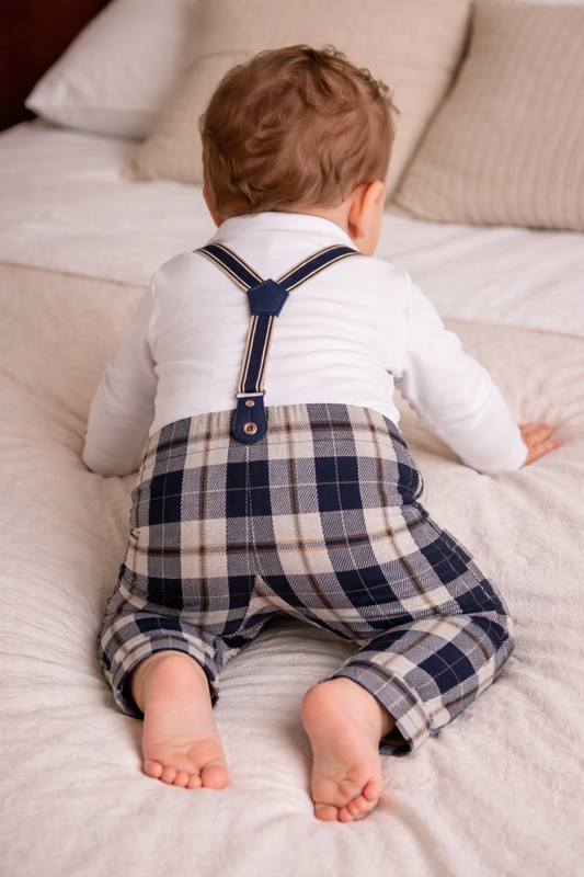 Infant Boys’ Shirt, Bow Tie & Suspenders Mock Romper 3 Pc Set (Checked)