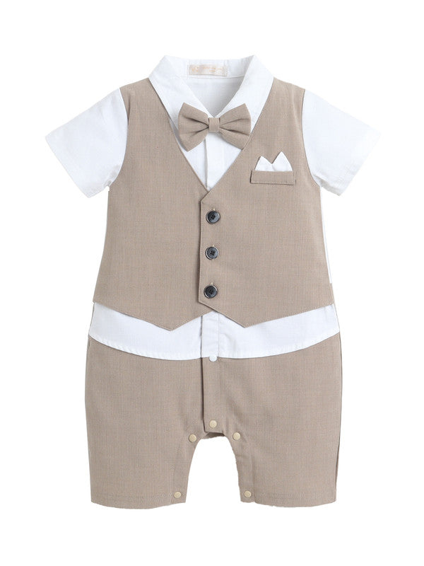 Infant Boys’ Waistcoat, Shirt & Bow Tie Mock Romper 2 Pc Set (Beige)