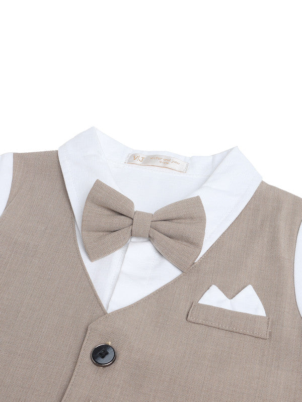 Infant Boys’ Waistcoat, Shirt & Bow Tie Mock Romper 2 Pc Set (Beige)