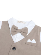 Infant Boys’ Waistcoat, Shirt & Bow Tie Mock Romper 2 Pc Set (Beige)