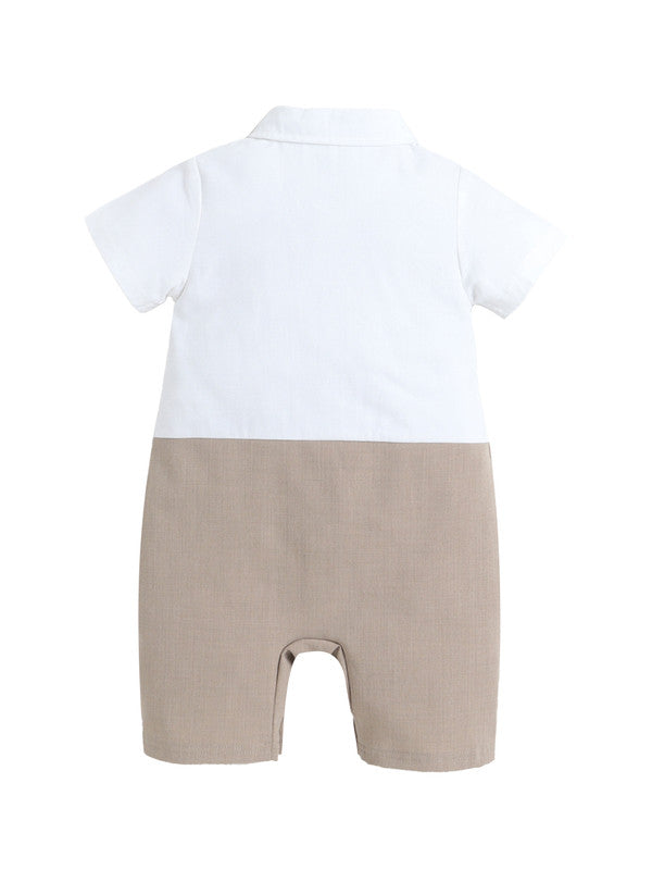 Infant Boys’ Waistcoat, Shirt & Bow Tie Mock Romper 2 Pc Set (Beige)