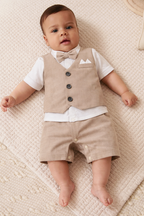 Infant Boys’ Waistcoat, Shirt & Bow Tie Mock Romper 2 Pc Set (Beige)
