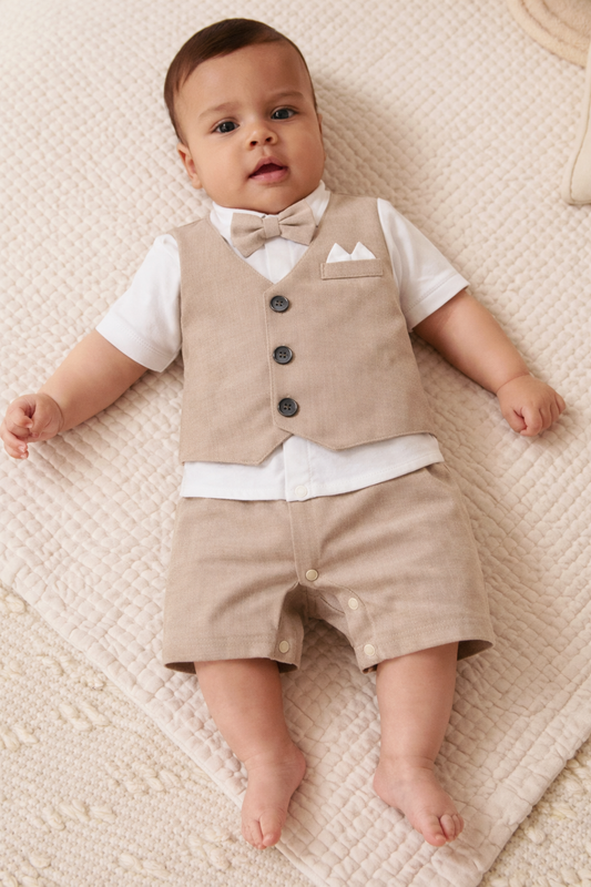 Infant Boys’ Waistcoat, Shirt & Bow Tie Mock Romper 2 Pc Set (Beige)