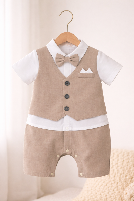 Infant Boys’ Waistcoat, Shirt & Bow Tie Mock Romper 2 Pc Set (Beige)