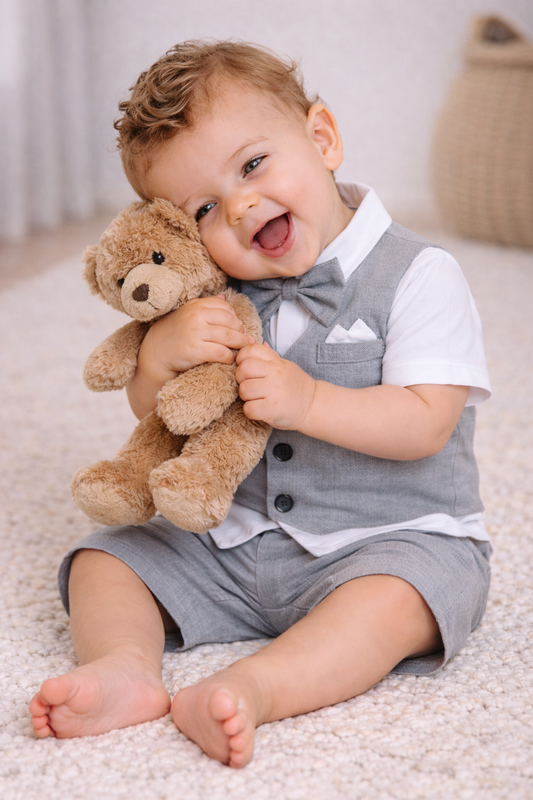 Infant Boys’ Waistcoat, Shirt & Bow Tie Mock Romper 2 Pc Set (Grey)