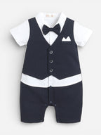 Infant Boys’ Waistcoat, Shirt & Bow Tie Mock Romper 3 Pc Set (Navy Blue)