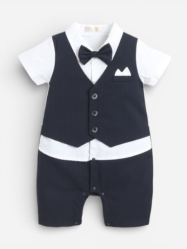 Infant Boys’ Waistcoat, Shirt & Bow Tie Mock Romper 3 pc Set (Navy Blue)