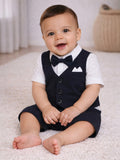 Infant Boys’ Waistcoat, Shirt & Bow Tie Mock Romper 3 Pc Set (Navy Blue)