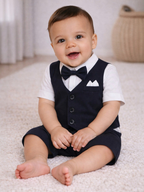 Infant Boys’ Waistcoat, Shirt & Bow Tie Mock Romper 3 Pc Set (Navy Blue)