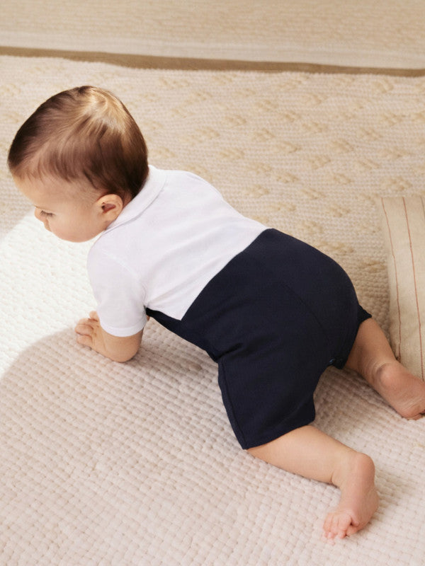 Infant Boys’ Waistcoat, Shirt & Bow Tie Mock Romper 3 pc Set (Navy Blue)