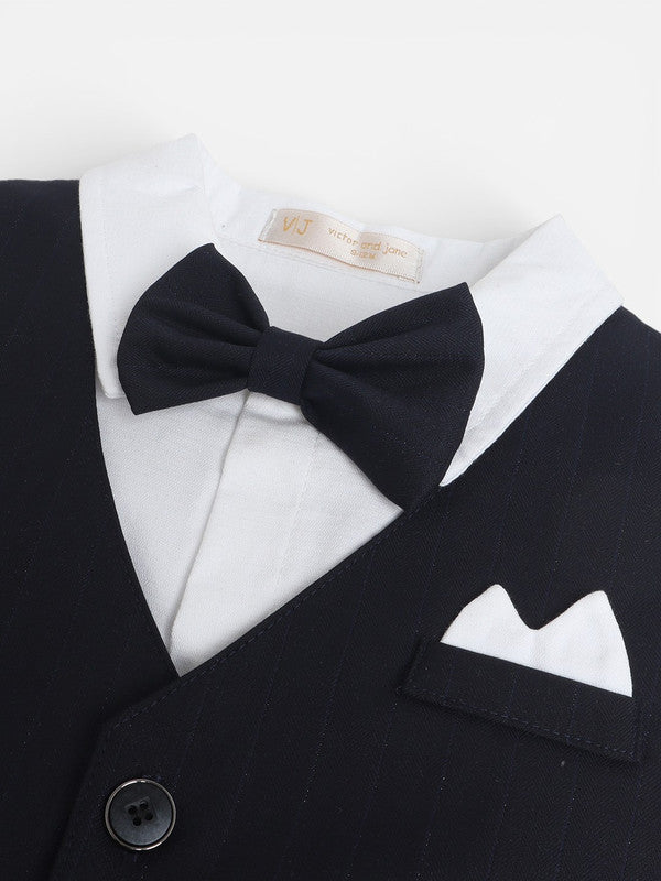 Infant Boys’ Waistcoat, Shirt & Bow Tie Mock Romper 3 pc Set (Navy Blue)