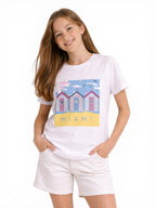 Girls Miami Graphic Embellished T-Shirt (White- Relaxed Fit)