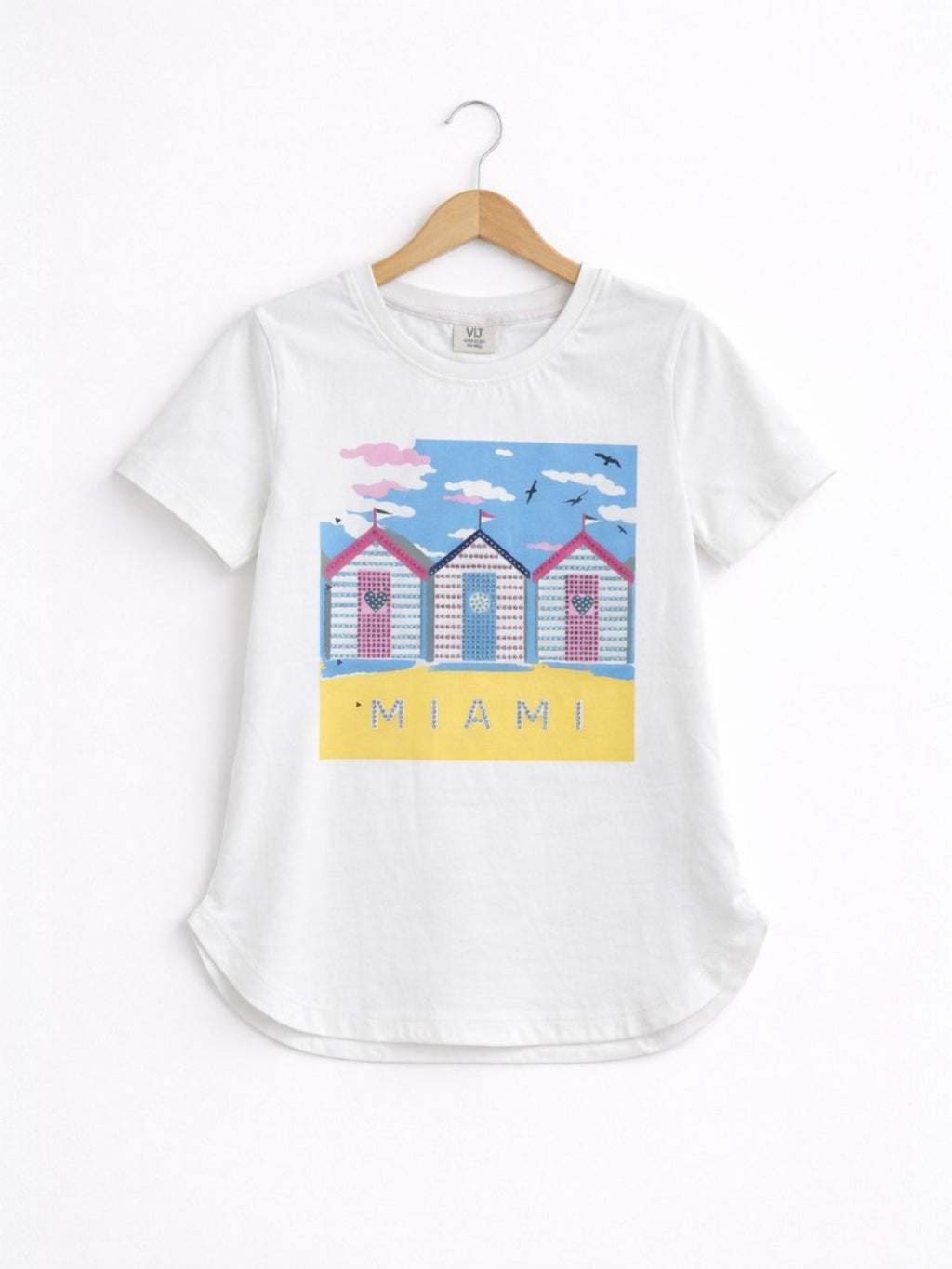 Girls Miami Graphic Embellished T-Shirt (White- Relaxed Fit)