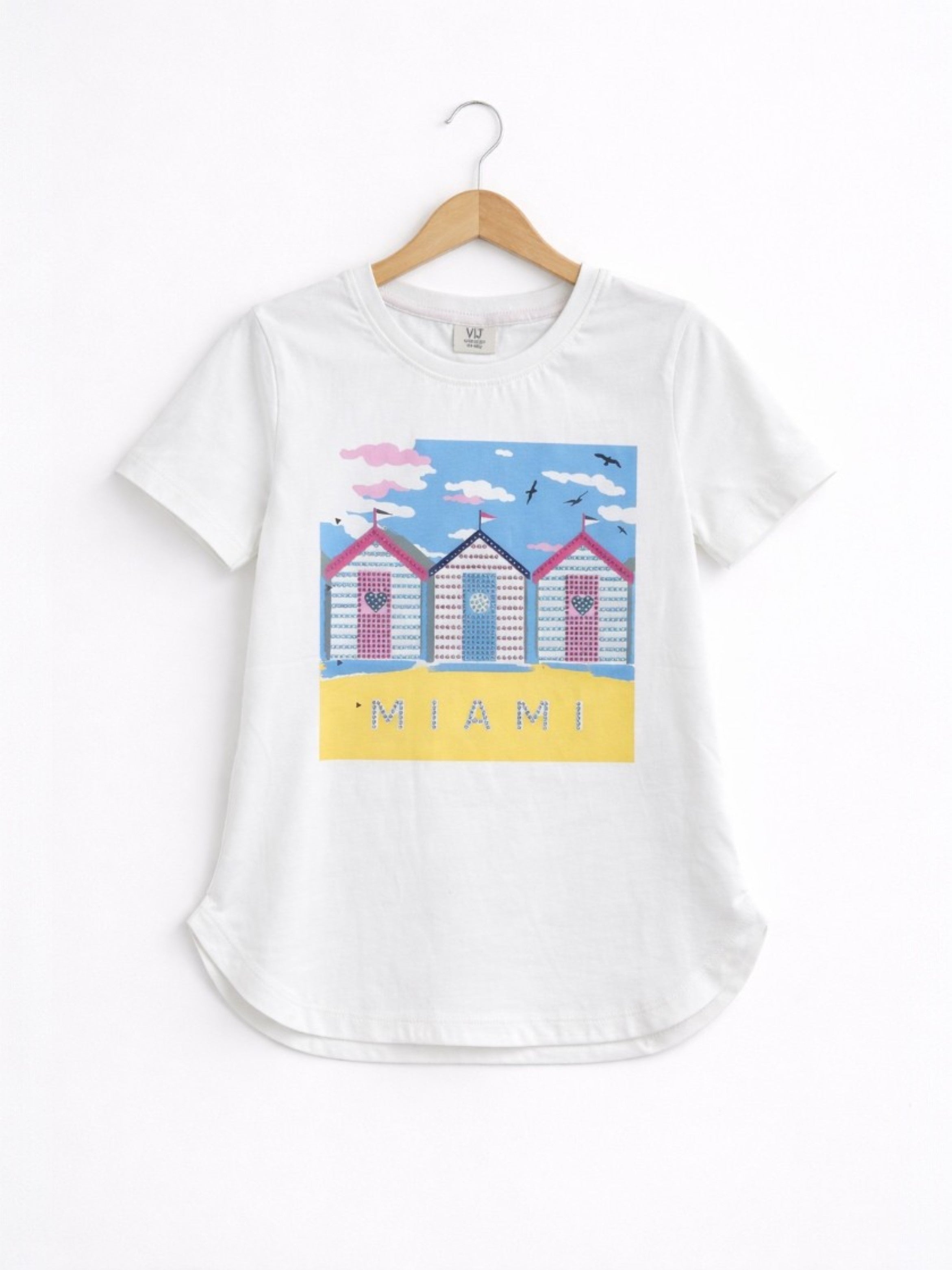 Girls Miami Graphic Embellished T-Shirt (White- Relaxed Fit)