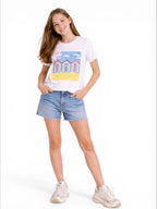 Girls Miami Graphic Embellished T-Shirt (White- Relaxed Fit)