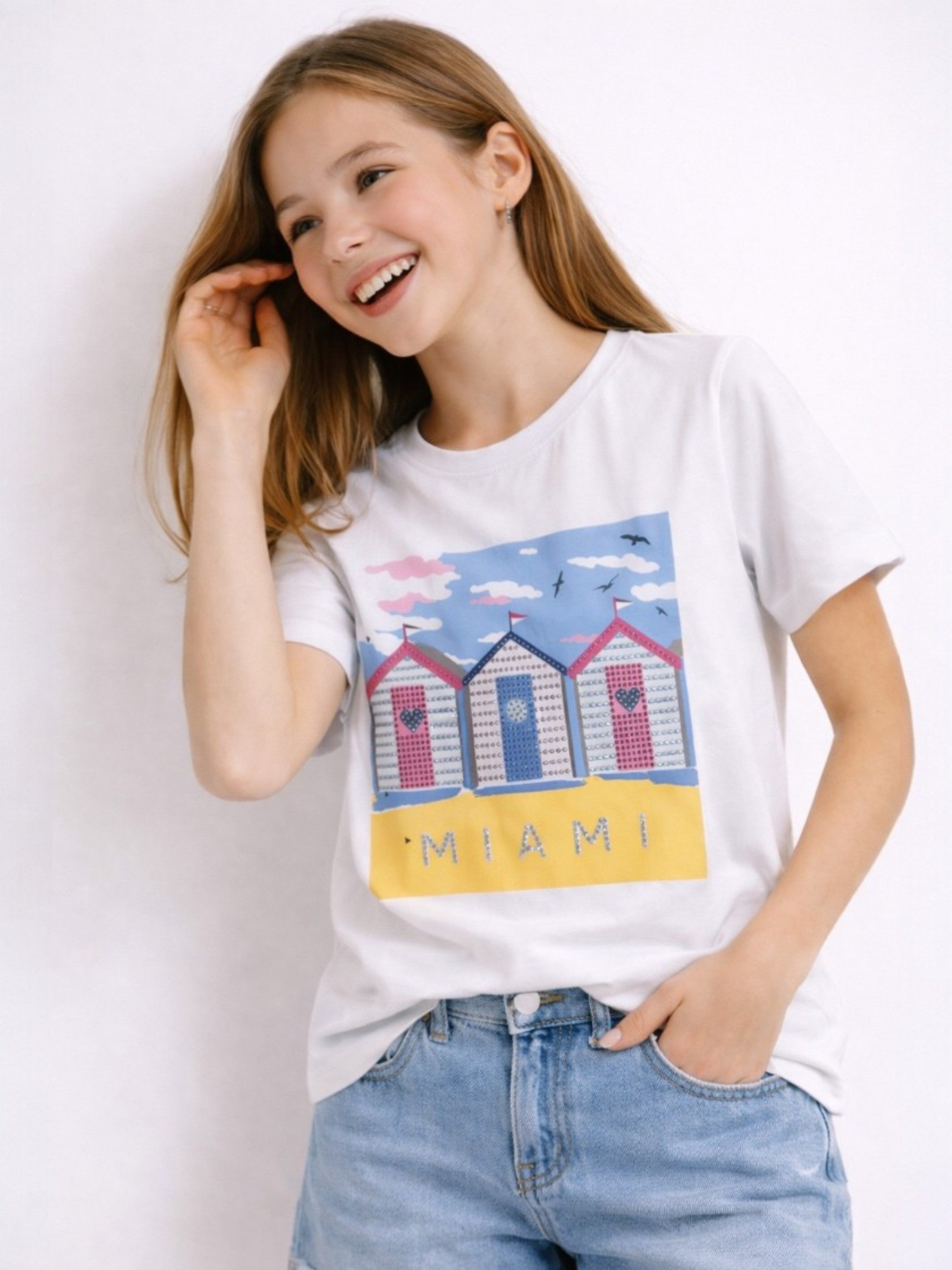 Girls Miami Graphic Embellished T-Shirt (White- Relaxed Fit)