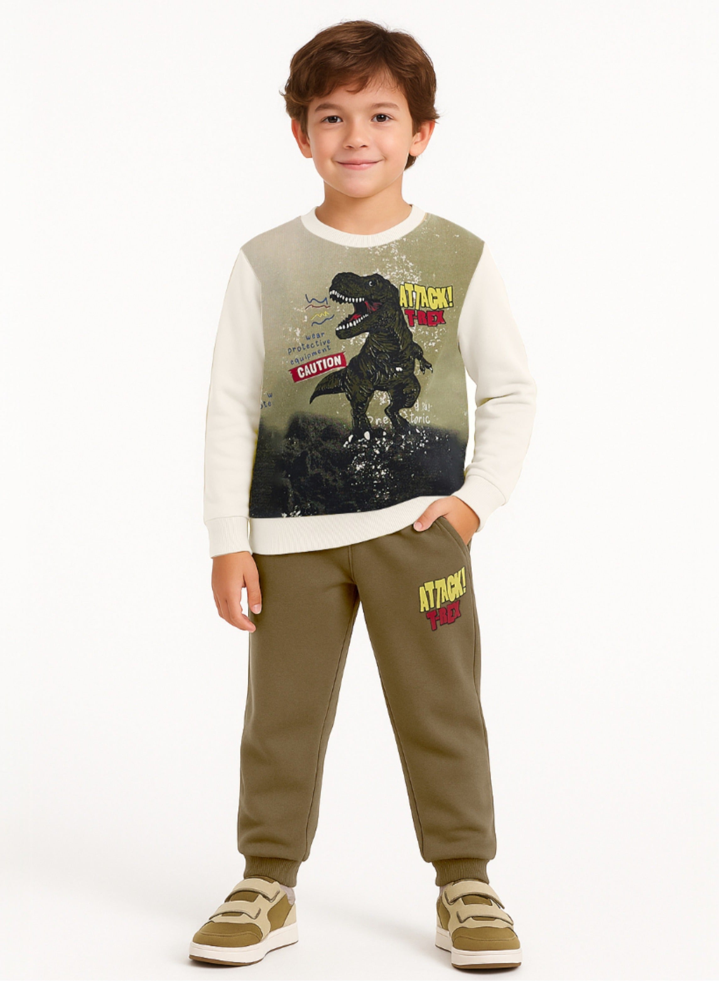 Victor And Jane Cotton Dinosaur Graphic Full Sleeves Sweatshirt & Joggers Set - White & Olive Green