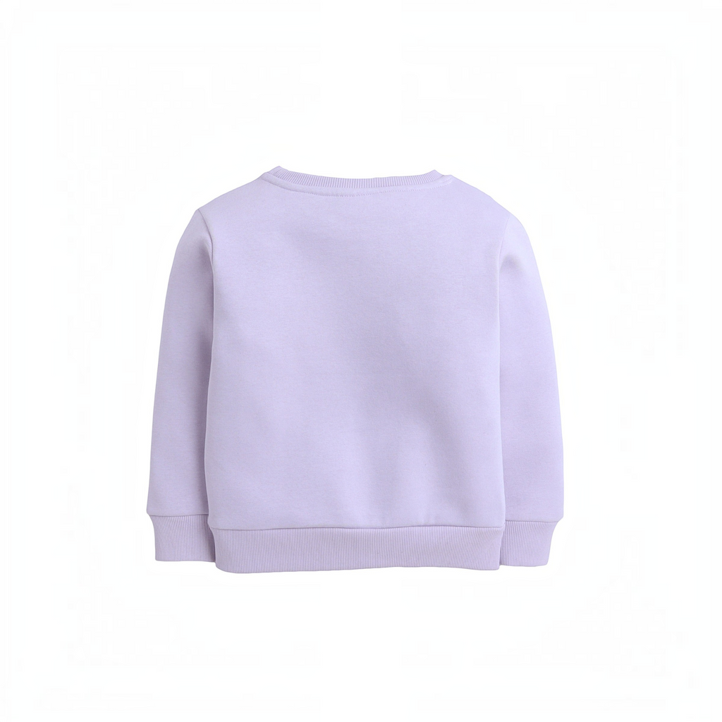Back view of a plain light purple girls sweatshirt by victor and jane with ribbed cuffs and hem