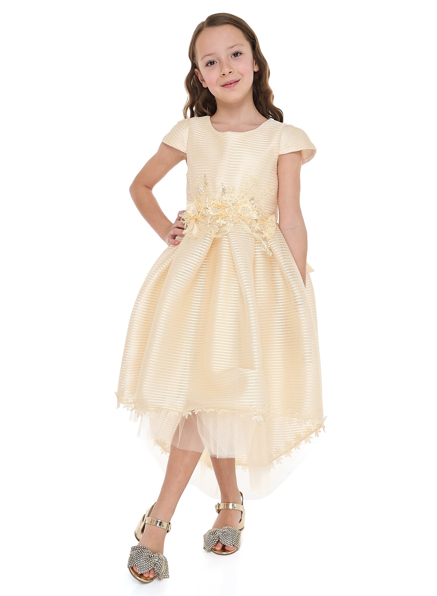 Girls Champange High Low Tail Dress With 3D Applique