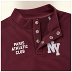 victor and jane boys' burgundy fleece sweatshirt with a half-open button placket and Paris Athletic Club graphic