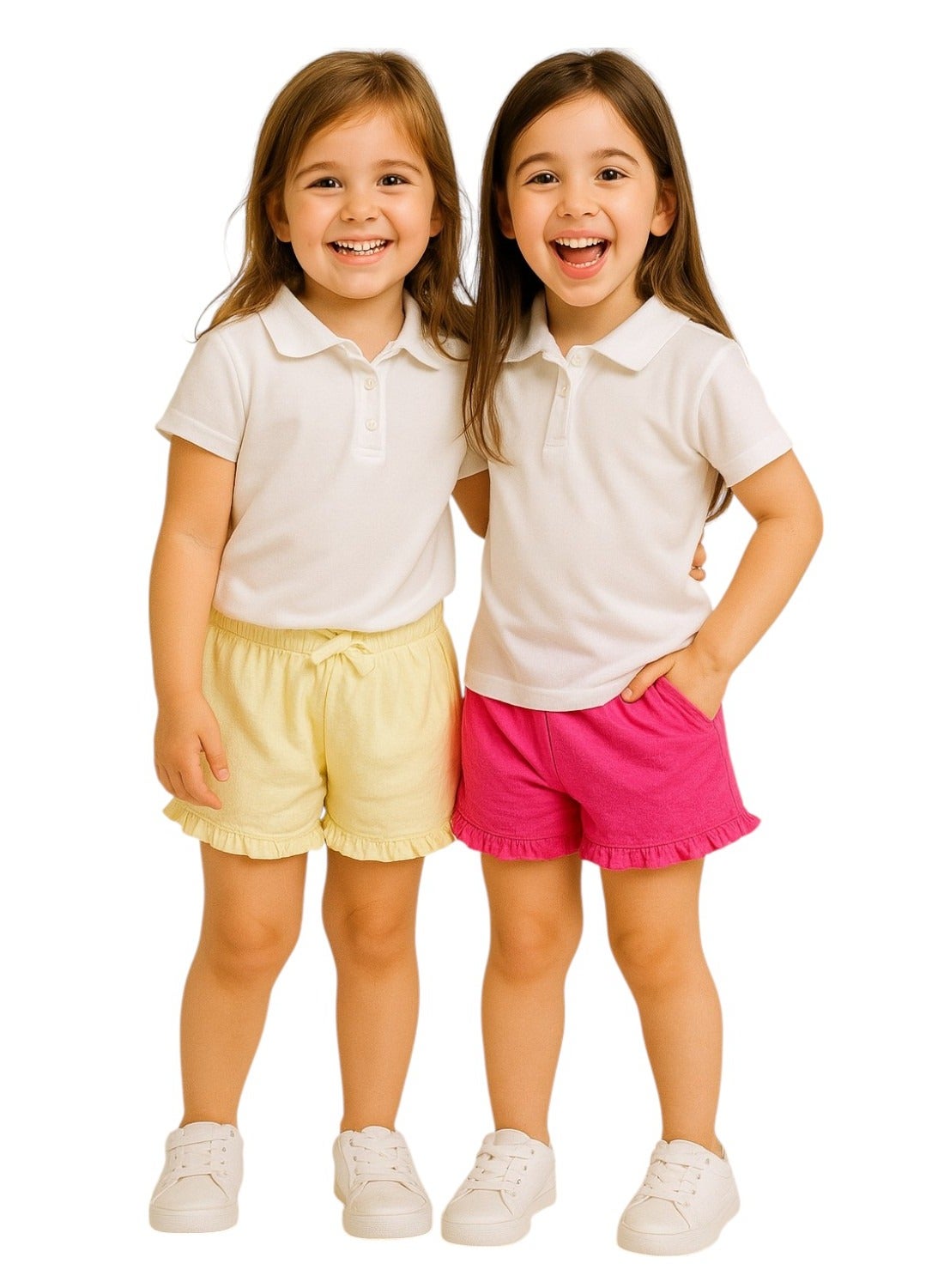 Victor and Jane Girls' Jacquard Shorts with Elasticated Waistband and Ruffle Trim- Fuschia and Yellow-Pack of 2