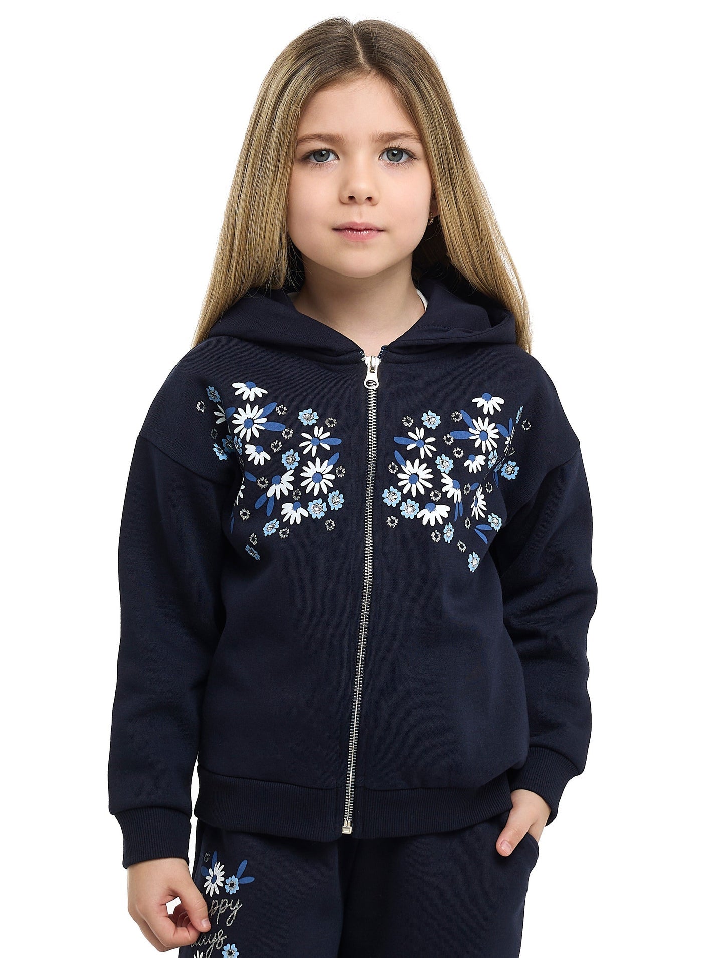 Girls Floral Embroidered Fleece Tracksuit “ Navy 2-Piece Set