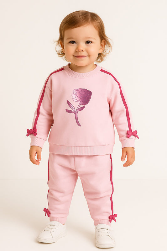 Baby Girl Rose Appliqué Fleece Tracksuit – Pink 2-Piece Set