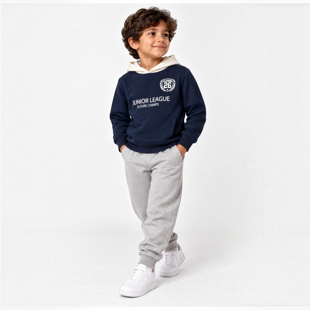 victor and jane boys' navy graphic fleece hoodie with cream hood and Junior League print paired with grey joggers