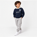 victor and jane boys' navy graphic fleece hoodie with cream hood and Junior League print paired with grey joggers