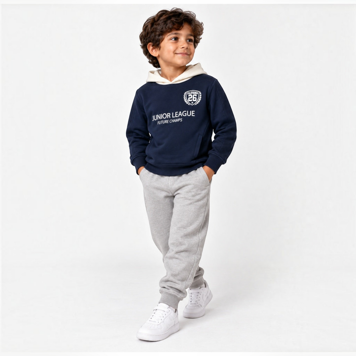 victor and jane boys' navy graphic fleece hoodie with cream hood and Junior League print paired with grey joggers