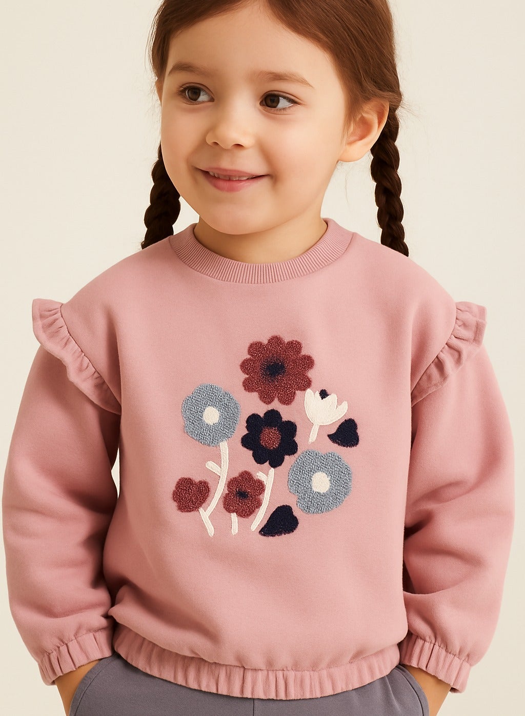 Dirkje Cotton Floral Embroidered Full Sleeves Fluttered Sweatshirt & Joggers Set - Grey/Pink