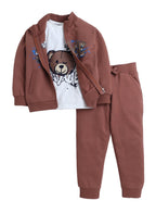 Cute Teddy Printed 3 Pc Set - T-Shirt , Zipper Jacker And Joggers