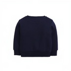 Back view of a plain navy blue girls sweatshirt by victor and jane with ribbed cuffs and hem