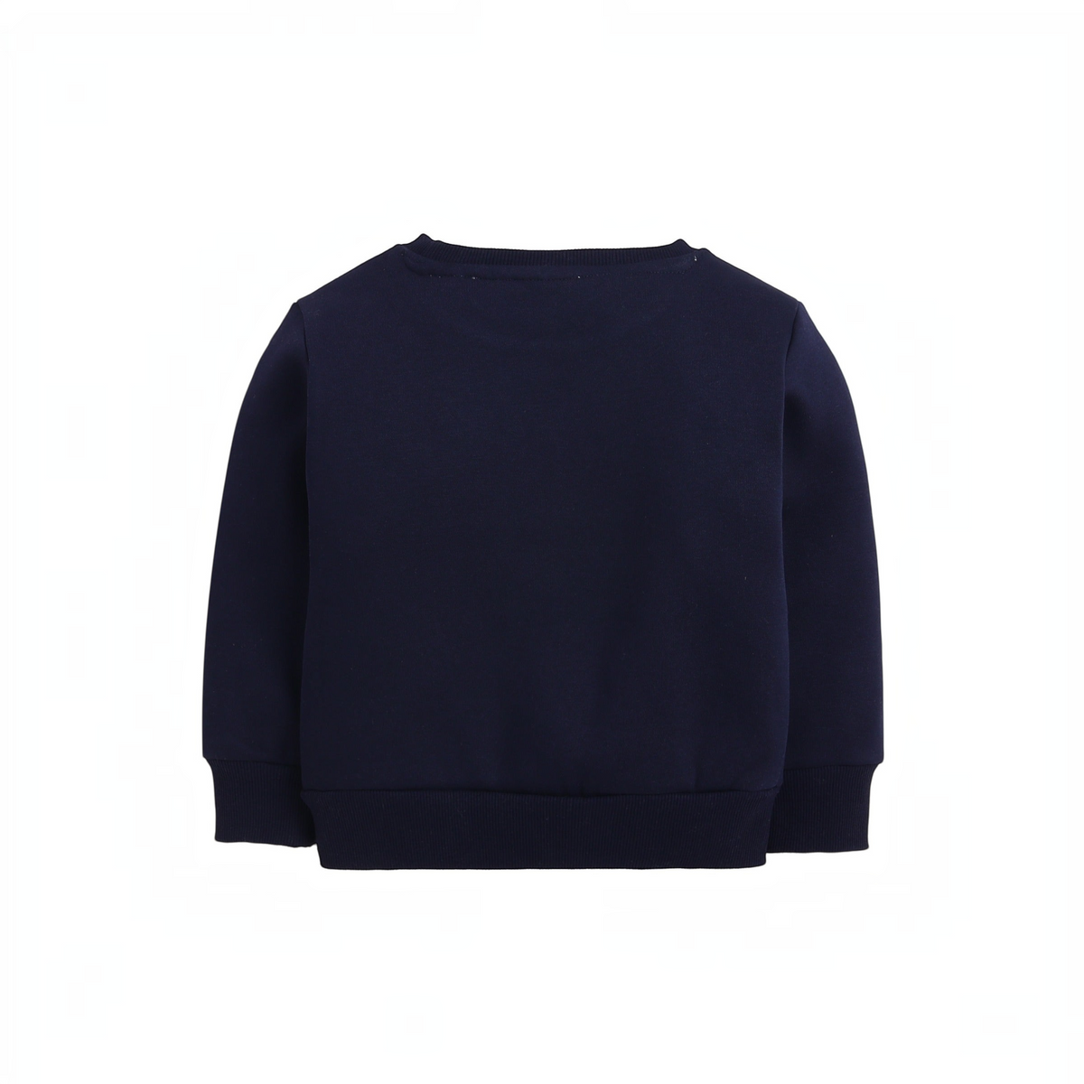 Back view of a plain navy blue girls sweatshirt by victor and jane with ribbed cuffs and hem