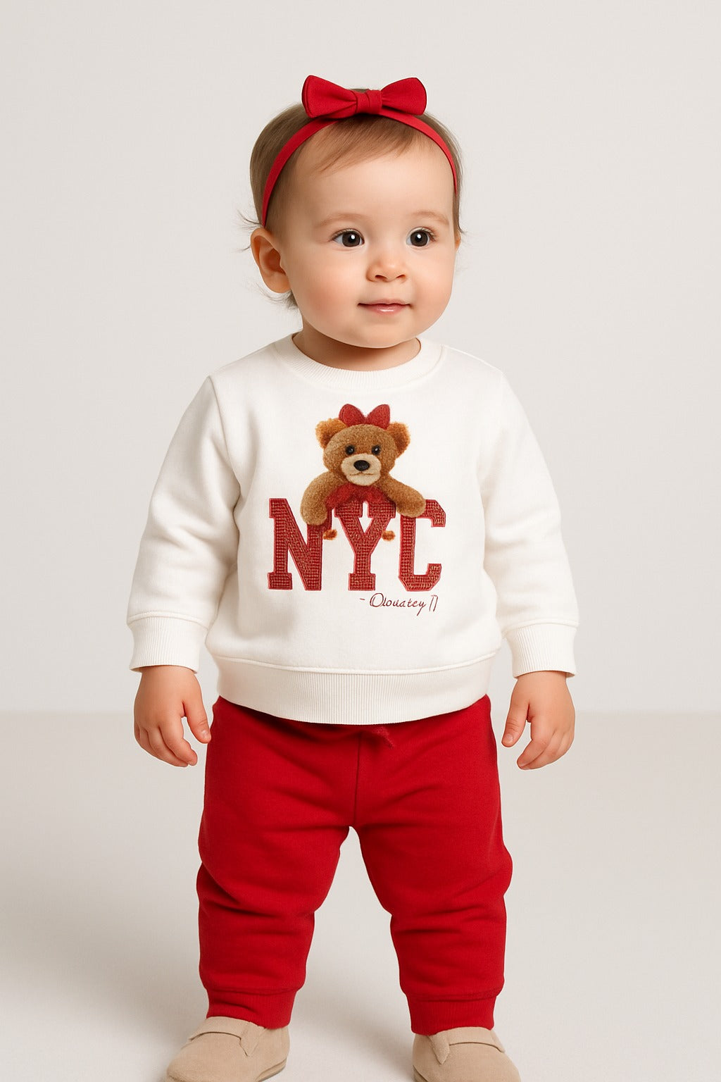 Baby Girl NYC Bear Fleece Tracksuit – Cream & Red 2-Piece Set