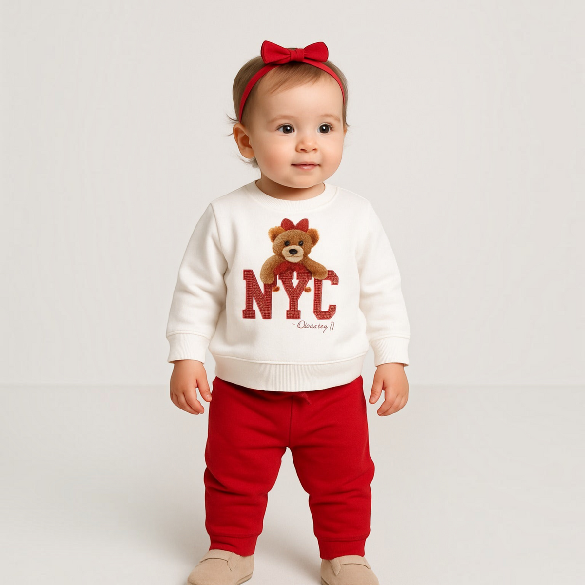 victor and jane 2-piece set for baby girl featuring a white sweatshirt with NYC teddy bear print and red joggers