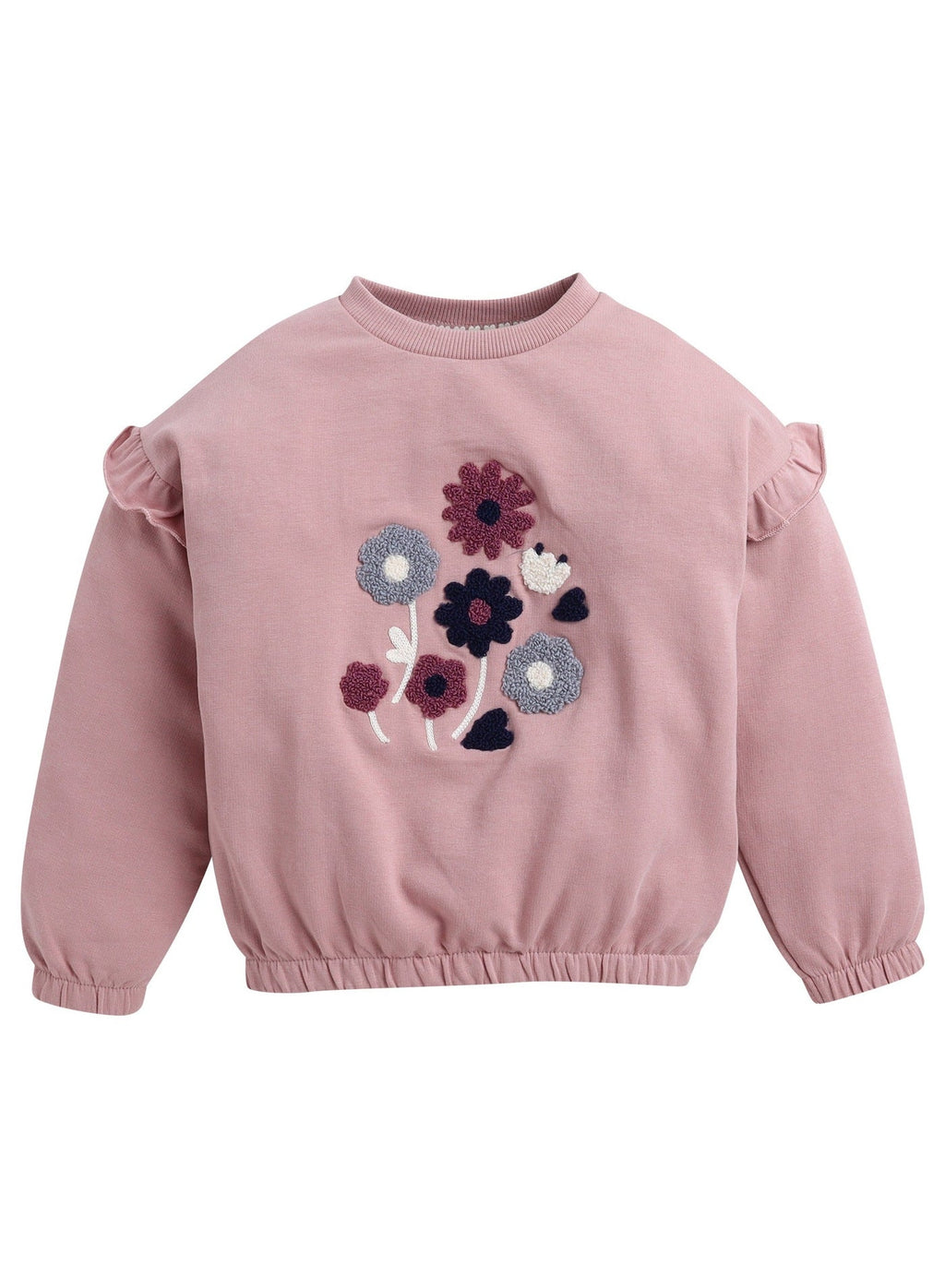 Dirkje Cotton Floral Embroidered Full Sleeves Fluttered Sweatshirt & Joggers Set - Grey/Pink