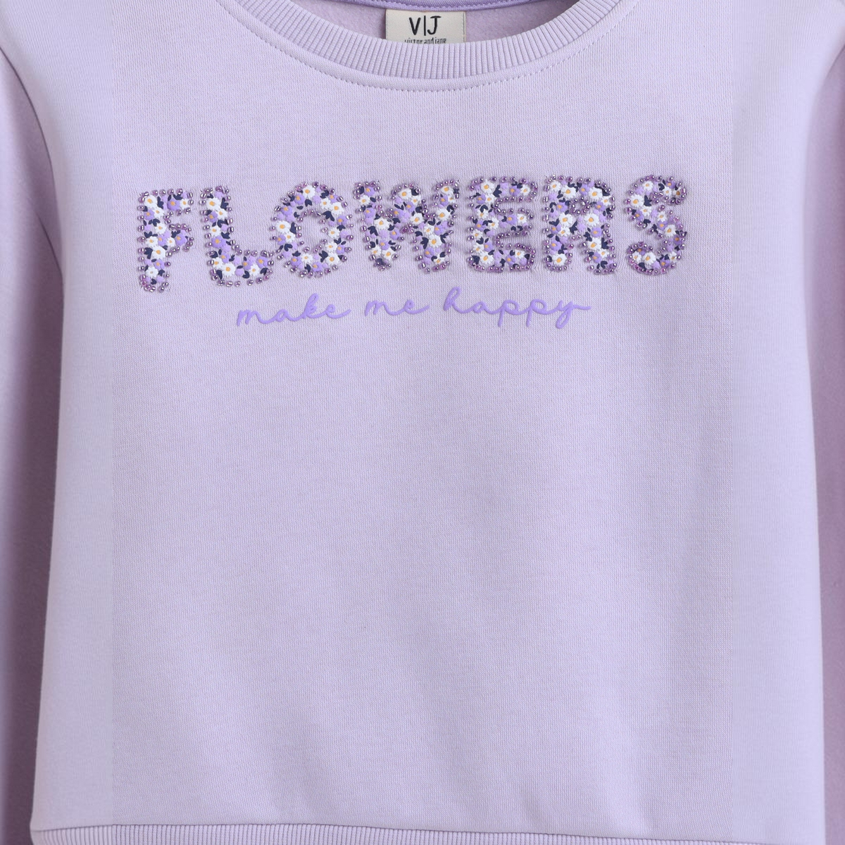 victor and jane girls EURA sweatshirt in light purple with floral beaded FLOWERS make me happy graphic text