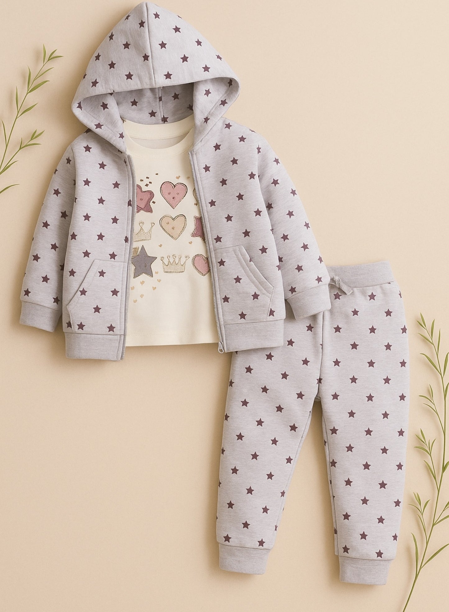 Baby Girl Heart & Star Cotton Fleece 3-Piece Set – Light Grey & Pink
