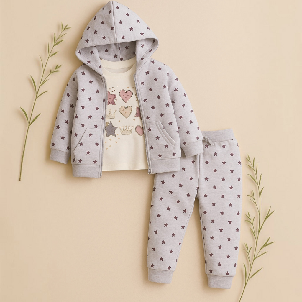 victor and jane 3-piece girl's set featuring a grey star-print zip-up hoodie, matching joggers, and a heart graphic tee