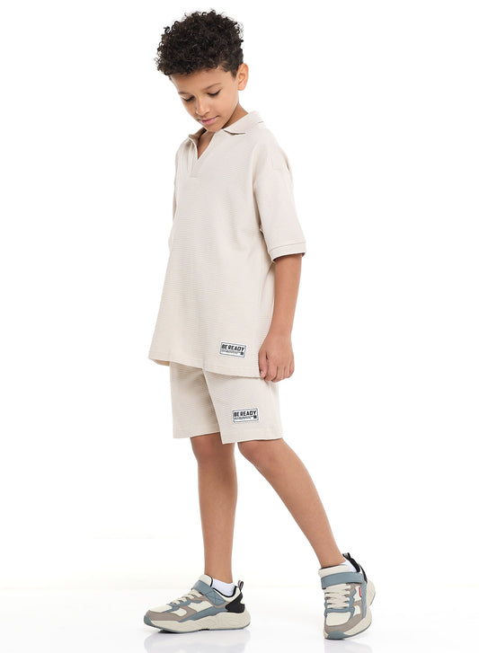 Victor and Jane Boys' Jacquard Set – Beige 2-Piece Outfit with Pockets, Polo T-Shirt and Shorts