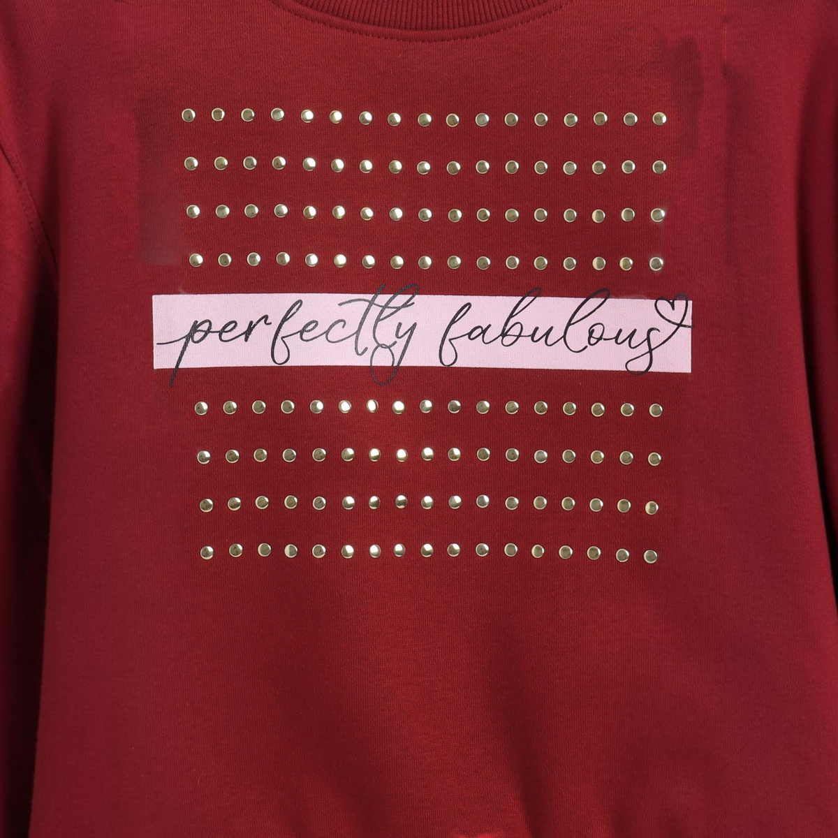 victor and jane girls EURA sweatshirt in deep red featuring gold stud embellishments and perfectly fabulous text