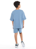 Victor And Jane Boys' Cord Set “ Light Blue T-Shirt And Shorts Outfit With Label Detail