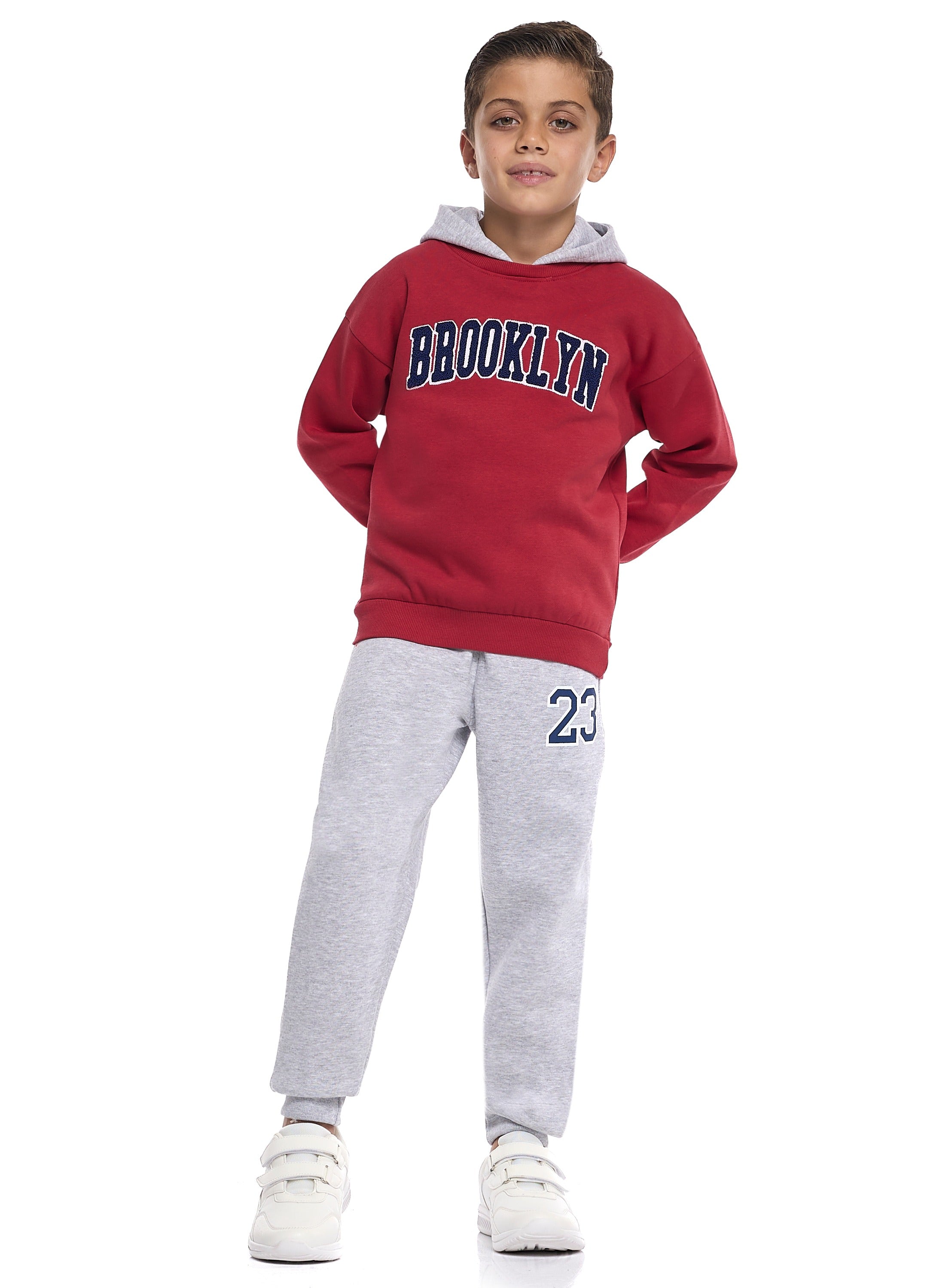 Victor And Jane Cotton Brooklyn Patch & 23 Printed Full Sleeves Hoodie & Joggers Set - Red & Grey